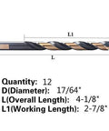 Twist drill bit side view, black and gold coated, 17/64 inch diameter, in a 12-pack set