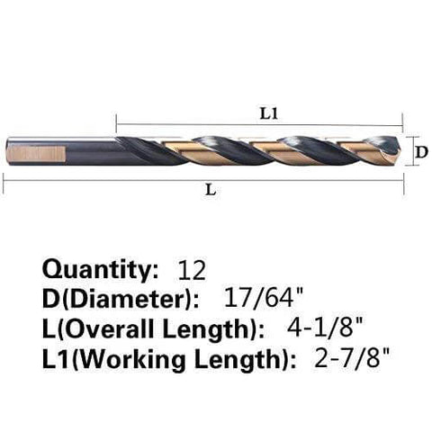 Twist drill bit side view, black and gold coated, 17/64 inch diameter, in a 12-pack set