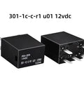 Four Pack 12V DC Automotive Relays SPDT 35A 5 Pin High Current Power Relay Model 301-1C-C-R1-U01 12VDC front and back view