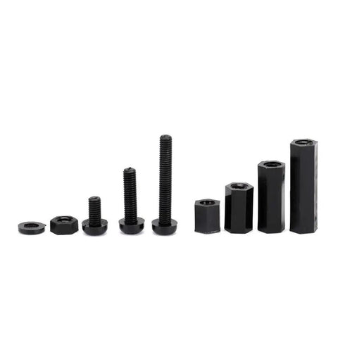 380 Piece M3 Nylon PCB Mounting Hardware Kit Featuring Hex Spacers Standoffs Nuts And Screws For Serious Electronics Assembly showing black nylon nuts and standoffs.