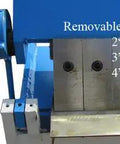 Close-up of Pan Hand Brake Box Bender For 16 Gauge Sheet Metal showing removable brake dies and handle.
