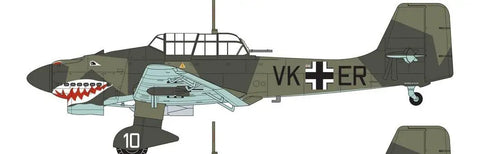 Junkers Ju87B-1 Stuka WW2 Plane Kit Gift Set, 1:72 Scale Plastic Model side view, featuring camouflage and shark mouth design.