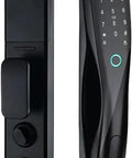 Heavy Duty Smart Door Lock Featuring Biometric Fingerprint Scanner App Control Passcode Entry Built In Theft Alarm And Long Lasting Battery For Dead Simple Home Protection Setup, sleek black design with keypad.