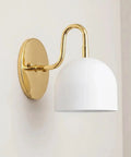 Modern Brass Bowl Wall Sconce - Mid Century Modern Light Fixture Pair (Set of 2) with white shade and gold base.