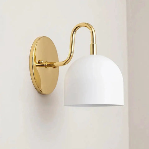 Modern Brass Bowl Wall Sconce - Mid Century Modern Light Fixture Pair (Set of 2) with white shade and gold base.