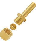 Two brass fuel line adapters, 3/8 in compression to 3/8 in hose barb, exploded view with nut and ferrule