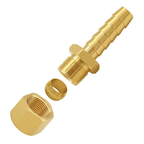 Two brass fuel line adapters, 3/8 in compression to 3/8 in hose barb, exploded view with nut and ferrule
