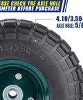 Close-up of a 2 pcs 10" flat free tires solid pneumatic tires wheels, 4.10/3.50-4 air less tires, 5/8" center bearings.