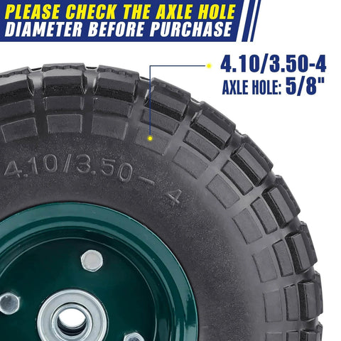Close-up of a 2 pcs 10" flat free tires solid pneumatic tires wheels, 4.10/3.50-4 air less tires, 5/8" center bearings.