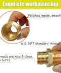 Brass 1/2" NPT male x 3/8" NPT male reducing hex nipple; close-up of polished bore and threads.