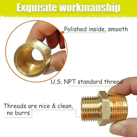 Brass 1/2" NPT male x 3/8" NPT male reducing hex nipple; close-up of polished bore and threads.