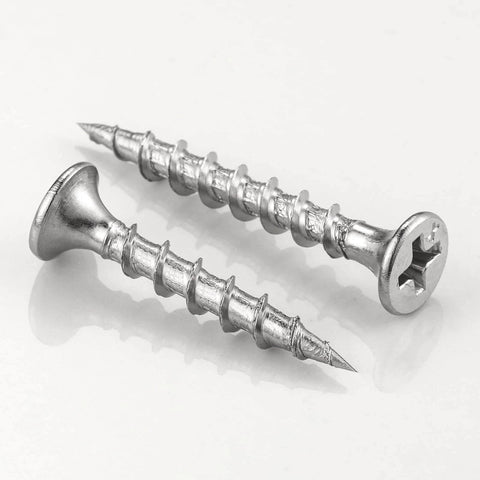 Two 410 stainless steel drywall screws with Phillips head, coarse threaded tip, suitable for drywalls, black color not shown.