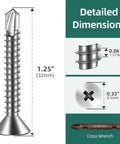 Detailed dimensions of 200pcs #10 x 1-1/4 410 Stainless Steel Flat Head Self Drilling Screws for sheet metal, wood, and plastic.