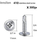 Diagram showing the 300pcs #8 x 3/4 Inch Sheet Metal Self Tapping Screws 410 Stainless Steel with dimensions and side view.