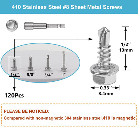 Diagram of 120PCS #8 x 1/2 Inch Sheet Metal Screws 410 Stainless Steel Hex Washer Head Fast Self Tapping Screws Silver with Driver Bit
