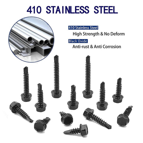 100pcs 410 Stainless Steel #10x1 Hex Washer Head Self Drilling Screws, Black Oxide Self Tapping Tek Screws for Metal Plates
