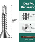 250pcs #10 x 1 410 Stainless Steel Flat Head Self Drilling Screws dimensions and cross-section view with matching drill bit