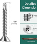 Illustration of 150pcs #10 x 1-1/2 410 Stainless Steel Flat Head Self Drilling Screws dimensions with cross wrench