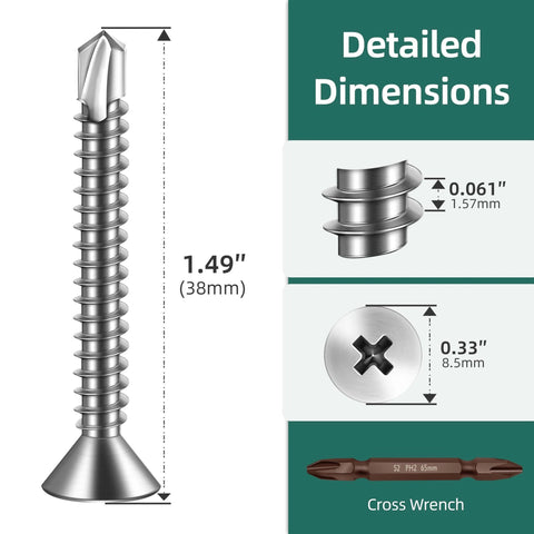 Illustration of 150pcs #10 x 1-1/2 410 Stainless Steel Flat Head Self Drilling Screws dimensions with cross wrench