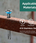 250pcs #10 x 1 410 Stainless Steel Flat Head Self Drilling Screws shown in metal, highlighting grip and rust resistance.