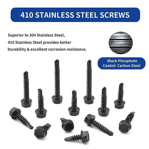 100pcs 410 Stainless Steel #10x1 Hex Washer Head Self Drilling Screws, Black Oxide Self Tapping Tek Screws for Metal Plates displayed