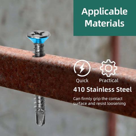 100pcs #10 x 2 410 Stainless Steel Flat Head Self Drilling Screws on metal sheet, highlighting quick and practical use