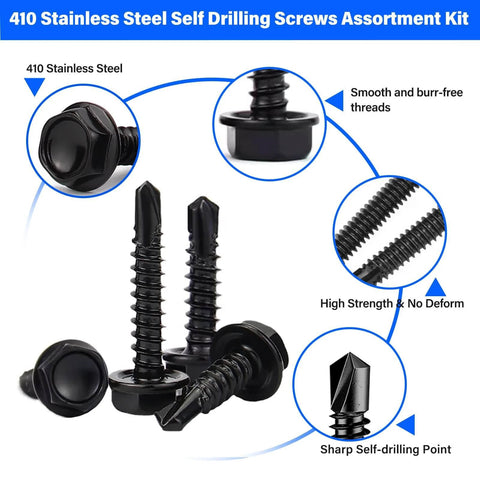 450PCS 410 Stainless Steel Self Tapping Screws Assortment with #8 and #10 Hex Head Self Drilling Sheet Metal Screws in Multiple Lengths