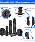 450PCS Self Tapping Screws Assortment for Metal 410 Black Stainless Steel Self Drilling Truss Head Screws with close-up details