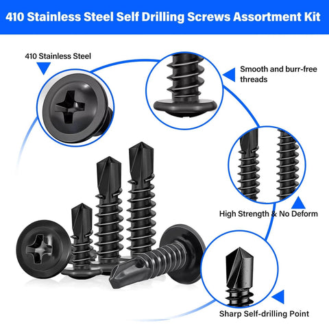 450PCS Self Tapping Screws Assortment for Metal 410 Black Stainless Steel Self Drilling Truss Head Screws with close-up details