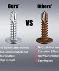 Comparison of 200PCS #8 Self Tapping Screws for Metal made from 410 stainless steel vs. non-stainless rusted screw