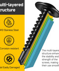 Cross-section view of black oxide finish self-tapping screw with multi-layered structure, highlighting 410 stainless steel, corrosion resistance.