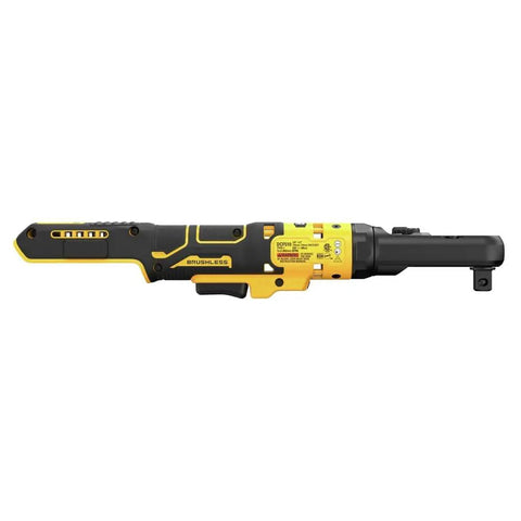 Cordless 20V Max XR Ratchet With Interchangeable Three Eighths Inch And One Half Inch Drives Sealed Head Brushless Motor Delivers Seventy Five Foot Pounds Torque Zero To Three Hundred RPM Onboard LED Light Bare Tool side view