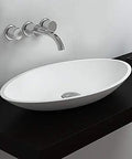 Top Shelf White Oval Vessel Vanity Sink Solid Artificial Stone Above Counter Bowl Basin with drain on dark counter.