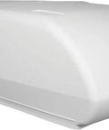 Badass Heavy Duty 15000 BTU Medium Profile Air Conditioner Built Tough As Nails For Off Road RV And Camper Use Pumping Out Frosty Chill Air In Textured White Finish Side view of white roof air conditioner with ventilation slits.