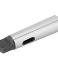 MT4 Morse taper adapter sleeve for lathe/milling; silver metal body with dark gray square end and side oval slot