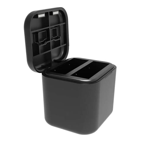 Open High Speed Dual Channel Battery Charging Hub For Action Cameras With Fast Charge Port showing two charging slots.