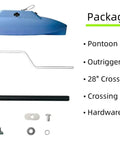 Kayak Stabilizers Package components including pontoon, U-arm, crossing bar, clips, and hardware for fishing kayaks.
