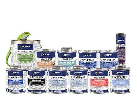 Never-Seez anti-seize lubricant cans assortment, blue-and-white labels, Bostik branding, multiple sizes.