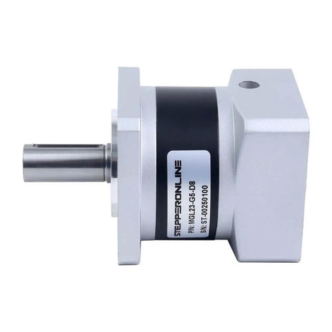 MGL Series Planetary Gearbox 5 To 1 Reduction With 30 Arc-Min Backlash For 8mm Shaft in tough metal housing, side view
