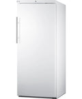 Rock Solid Commercial Freezer 31 Inch Reach In Upright Design With Solid Door, Four Adjustable Shelves, 18 Cubic Feet Manual Defrost, NSF Certified White Unit Built For The Daily Grind, front view.