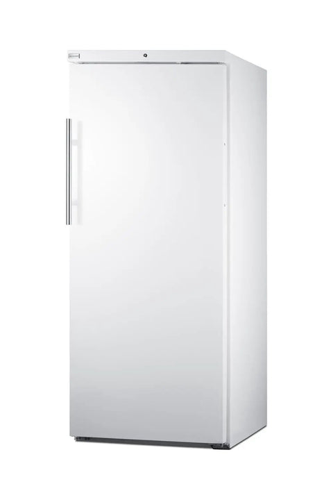 Rock Solid Commercial Freezer 31 Inch Reach In Upright Design With Solid Door, Four Adjustable Shelves, 18 Cubic Feet Manual Defrost, NSF Certified White Unit Built For The Daily Grind, front view.