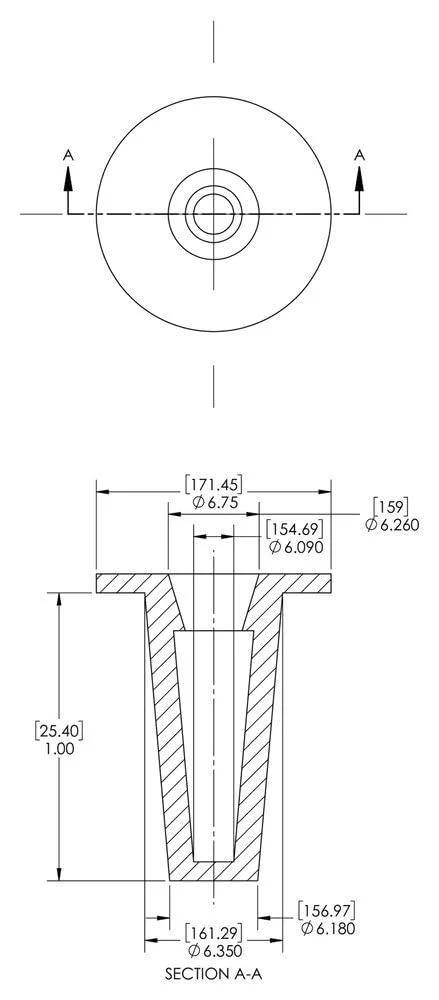 Caplugs T-1100 T Series plastic tapered cap and plug, red LD-PE; cap OD 6.09 in, plug ID 6.35 in; top and cross-section views