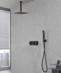 Shower System, 10-Inch Ceiling Rain Head with Handheld Spray, Matte Black positioned in modern bathroom setting.