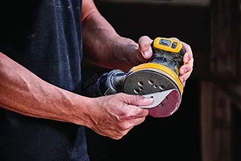 Hands holding 20V Max Brushless Orbital Sander Tool Only With Variable Speed Control 8000 To 12000 OPM Low Profile Body Close Work