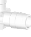 Side view of a plastic 3/8 in hose barb 90-degree elbow L-fitting, two-way equal, barbed, pack of 5