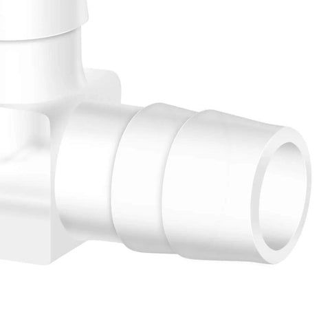 Side view of a plastic 3/8 in hose barb 90-degree elbow L-fitting, two-way equal, barbed, pack of 5