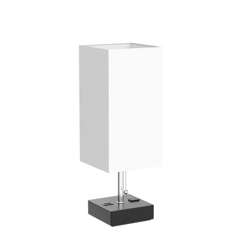 Three Color Temperature USB Table Lamp For Bedroom And Desk, Nightstand Light With USB Port And AC Outlet, white shade, black base.