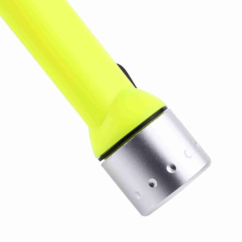 Close-up of 180 Lumen LED Dive Flashlight With Fluorescent Green Body Submersible Underwater Torch aluminum alloy build