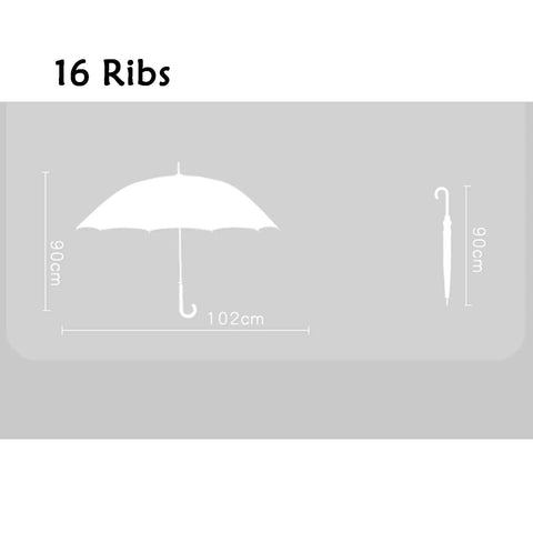 Wooden J Handle 40 Inch Golf Umbrella Windproof All Weather Auto Open 16 Rib Arc Vintage Cane Umbrella Classic Stick Wedding Cane White For Men And Women with size dimensions.