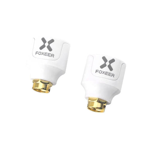 Two Foxeer Lollipop FPV Antenna V4 5.7G 2.6dBi RHCP Stubby SMA Male For RC Drones shown in white with gold plating.